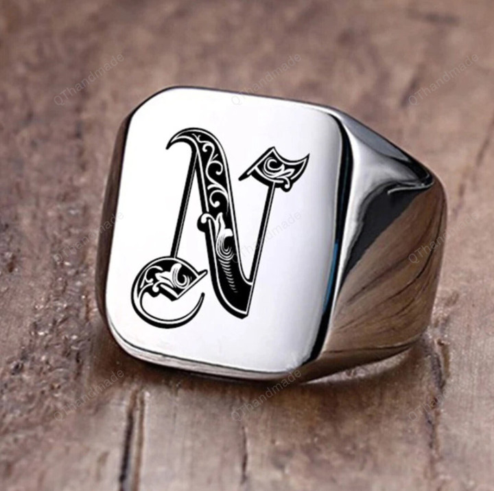 Retro Initials Signet Ring for Men 18mm Bulky Heavy Stamp Male Band Stainless Steel Letters Custom/Statement Ring/Boho Gothic Goth Ring