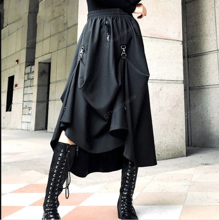 Plus Size Harajuku Punk Style Skirts Women High Waist Buckle Irregular Gothic Skirt Black Hip Hop Streetwear Freely Adjustable/Goth Dress