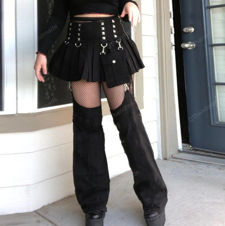 Punk Grunge Patchwork Pants Skirt Women Gothic Black Streetwear Harajuku Pockets Skirts Aesthetic Sexy High Waist Skirts/Goth Dress