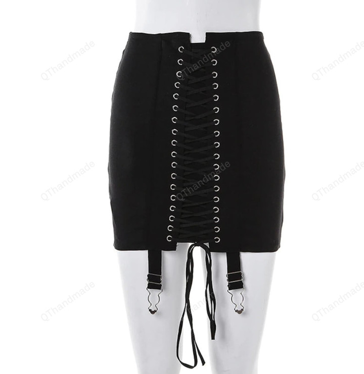 Gothic Y2K Vintage Mini Skirt/Women Punk Patchwork Summer High Waist Skirt/Bodycon Eyelet Lace Up Aesthetic Sexy Skirts/Goth Dress