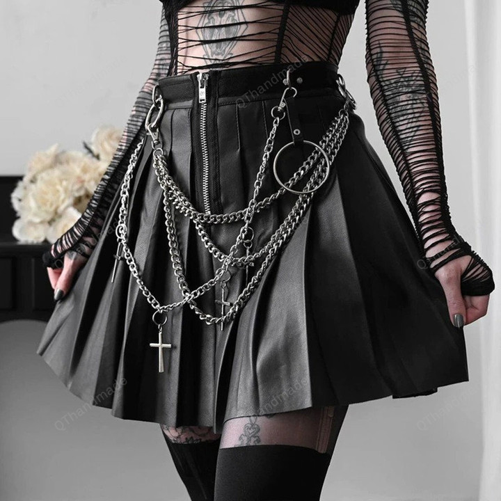 Punk Black Leather Metal Chain Goth Skirt High Waist Zip Up Line Skirts Grunge Rock Sexy Pleated Clubwear Skirt Gothic Streetwear For Girl