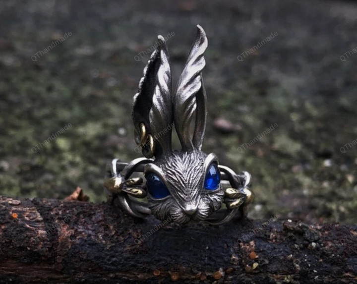 Fantasy Fairy Tale Blue Eyes Bunny Ring Cute Big Ears Rabbit Women Ring Retro Silver Men Ring Jewelry Gift/Streetwear Ring/Goth Spooky Rings