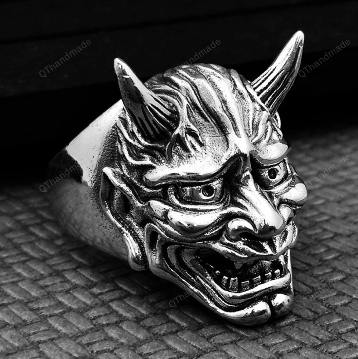 Retro Hannya Mask Ring Japanese Style Men's Halloween Ring Hip Hop Rock Fashion Jewelry Gifts Adjustable/Streetwear Ring/Goth Spooky Rings