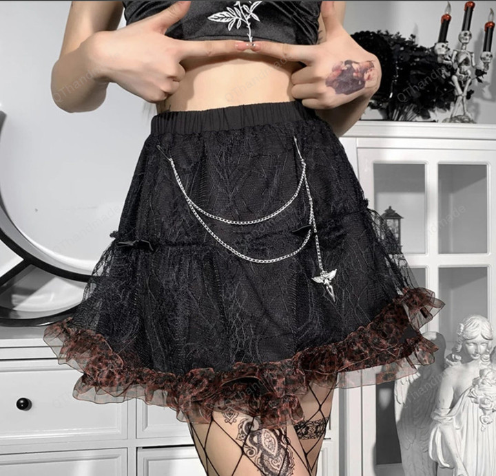 Fairycore Grunge Mini Skirt Punk Hight Waist Leopard Ruffle With Chain Black Lace Mesh Skirt E-girl Mall Goth Clothes/Goth Dress/Witch gift