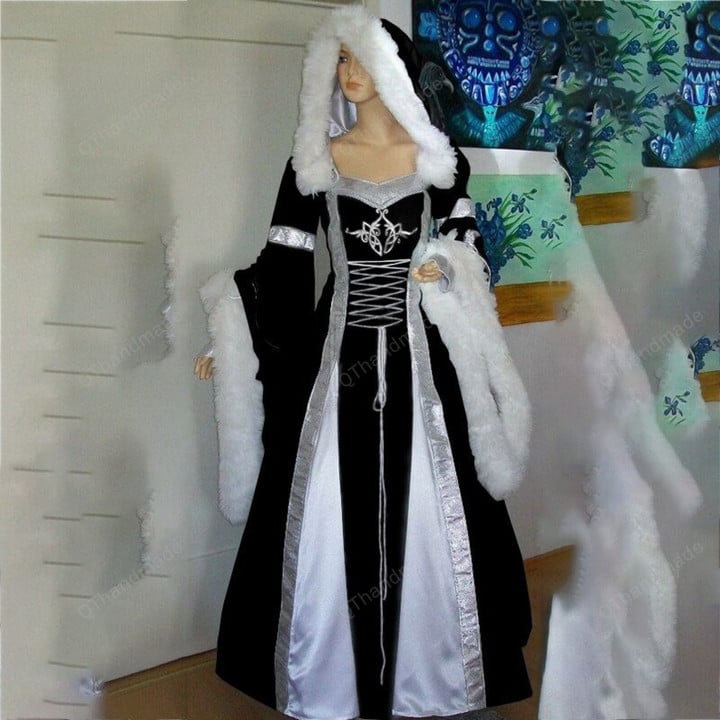Girdling Dress For Women, Halloween Medieval Cosplay Costumes Plus Size 5XL, Retro Victorian Gothic Long Floor Length Hooded Dress