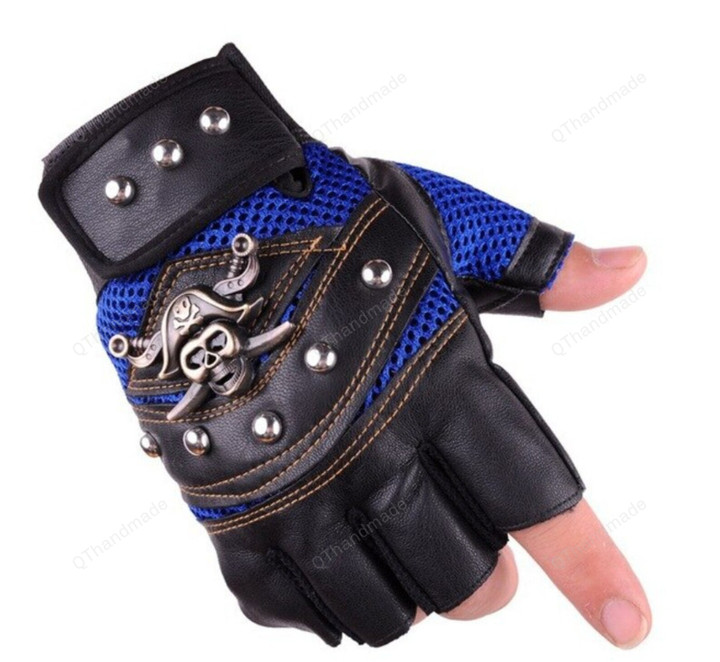 Steampunk Skulls Rivet PU Leather Fingerless Gloves, Motorcycle Punk Gloves, Cosplay Accessories, Gift For Him, Half Finger Gloves