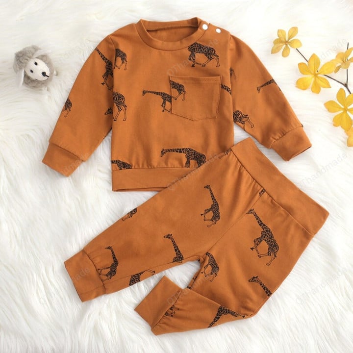 Giraffe Long Sleeve Sweatshirt + Pants Set, 3-24M Infant Newborn Baby Boys Clothes Set, Casual Autumn Spring Outfits Set, Kids Clothing