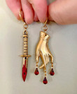 The Asymmetrical gold plated Lady & Dagger Earrings/Celestial Earrings,Waterfall Earrings,Witchy Earrings,Boho earrings/Witchy statement earrings