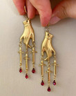 Gold Drop Earrings/Red Sword Dagger Hand Dangle Earrings/Witchy Gothic Vampire Spooky Boho Bohemian/Statement Earrings/Witch Healing Crystal