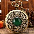 Exquisite Emerald-green Stone Bronze Case Quartz Pocket Watch/White Dial Chain Clock Necklace Pendant Watch/Best Gifts/Birthday Gifts
