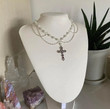 Victorian Gothic Cross Rosary Necklace With Chain Charm Handmade Sacred Pearl Beaded Necklace Layered Necklace,Mother's Day,Gift For Her