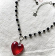 Grunge Rock Red Heart Pendant Necklace Punk Aesthetic DIY Black Pearl Necklace Women Goth Accessories Egirl Jewellery Sexy Cool