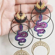 Golden Moon Crescent Colorful Purple Snake Hoop Earrings, Fashion Jewelry Accessories, Witchy Grunge Earrings, Boho Wicca Jewelry Earrings