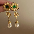 Vintage Metal Gold Flower Drop Earrings For Women Green Crystal Pendientes Party Jewelry Gifts,Fairy Cottagecore Jewelry Accessories