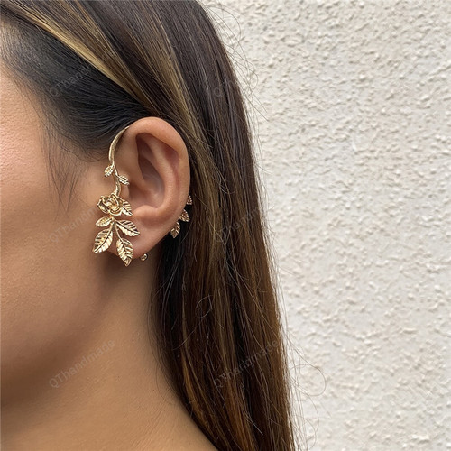 Vintage Golden Rose Flowers Leaf Ear Hanging/Fashion Geometric Ear Clip Fake Piercing Earrings Women Jewelry