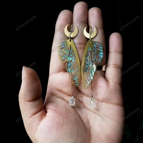 Magical Green Fairy Wing Earrings Dangle Earrings Clear Quartz Fairy Wings Earrings/Magical Earrings/Healing Crystal/Gothic Earrings/Wicca Magical Earrings