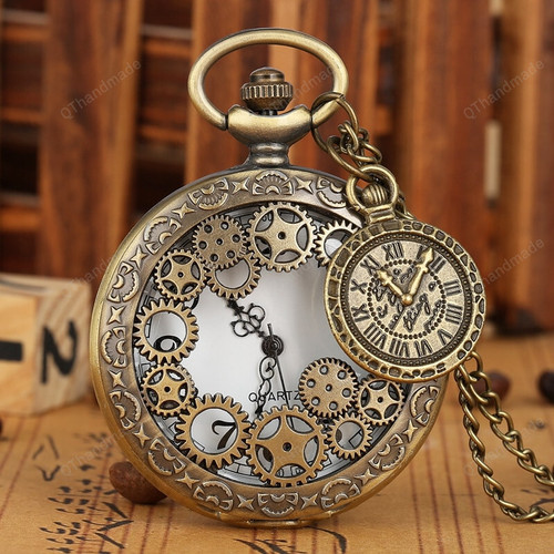 Vintage Antique Copper Steampunk Bronze Hollow Gear Quartz Pocket Watch Necklace Pendant Clock Chain Men Women with Accessory