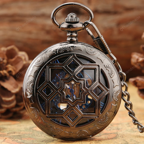 Multilateral Retro Blue Skeleton Dial FOB Chain Rhombus Hollow Flowers Case Hand Winding Mechanical Pocket Watches Luxury/Bronze Necklace Pendant Handmade Clock/boyfriend gift ideas/Valentine gifts