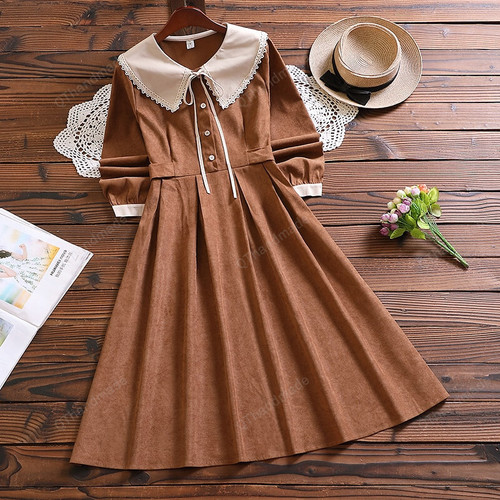 Peter pan Collar Dress/Dark Academia Clothing/Mori girl long sleeve vintage vestidos/Winter Literary Vintage A-Line Dress