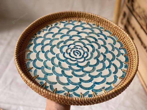 Handmade Rattan and Pearl Tray,Mosaic Tray,Wicker Tray,Boho Serving Tray,Retro Tea Tray,Natural Table Tray,Table Decor,Housewarming Gifts