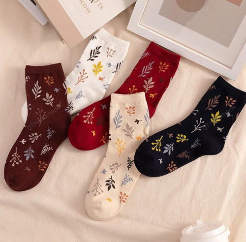 Christmas Winter Botanical Cotton Socks/Retro Vintage Streetwear Crew Stockings/Hoisery and Socks/Cotton Long Sock/Custom Print Socks
