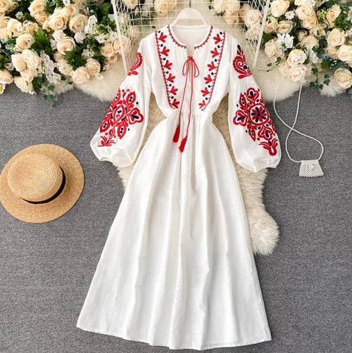 Dresses Bohemian Embroidered Flower O-Neck Lantern Sleeve High Waist Pleated Dress All-match Female Vestidos/Summer Beach Clothing
