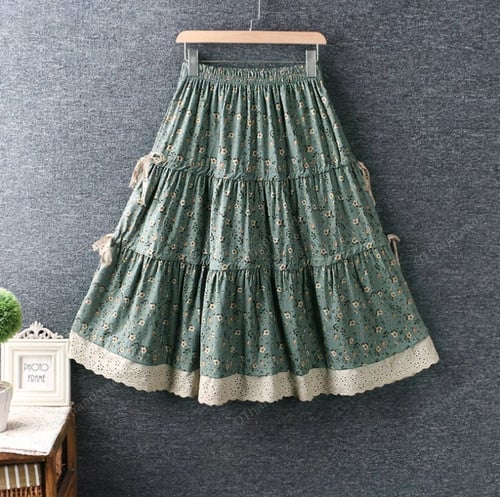 Mori Girl Floral Print Cotton linen Skirt Loose High Waist A-line Skirt Women/Mori Girl Skirt/Y2k Fashion/90s Lolita Elegant Retro Clothing