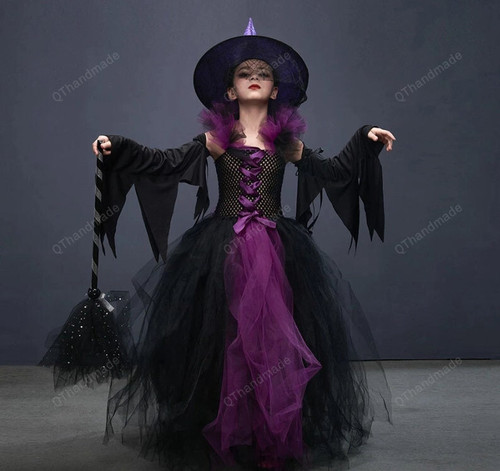 Fairytale Purple Green Witch Dress with Hat Broom Glamour Kids Halloween Fancy Gown Tutu Robe Costume Gothic Cosplay Clothing/Spooky Season