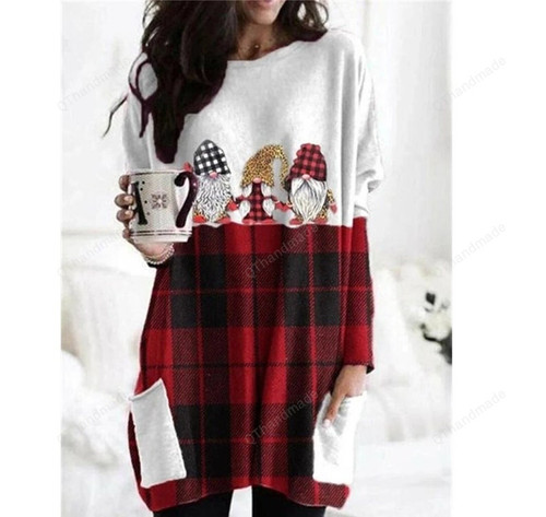 Christmas Red Plaid Gnome Elk Snowflake Print Casual Long Sleeve Sweatshirt, Christmas Autumn Winter Long Hoodless Sweatshirt, Xmas Gift