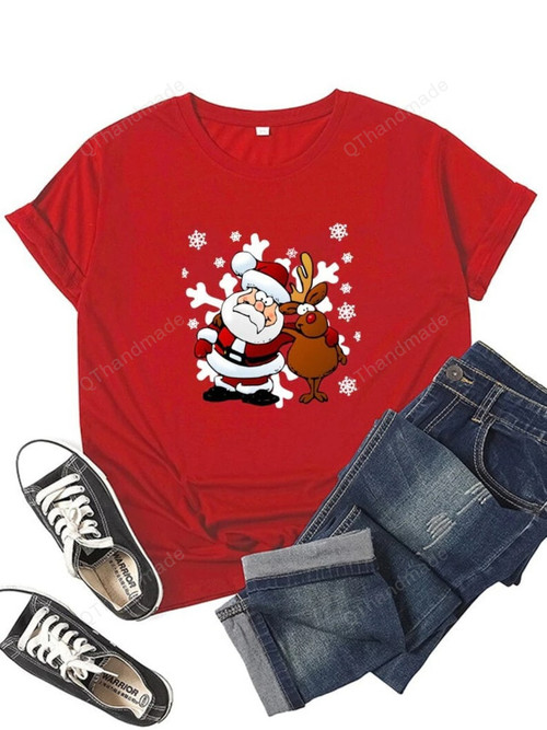 Party Wine Glass Christmas Hats T-Shirt, Casual O Neck Short Sleeve Shirt, Funny Beer Wine Santa Elk Graphic Shirt, Xmas Gift