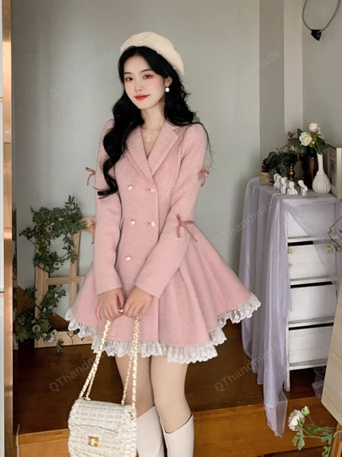 Warm Winter Pink Sweet Elegant Dress, Kawaii Lace Long Sleeve Dress, Cute Elegant Pink Dress Coat, Gift For Her, Autumn Clothing