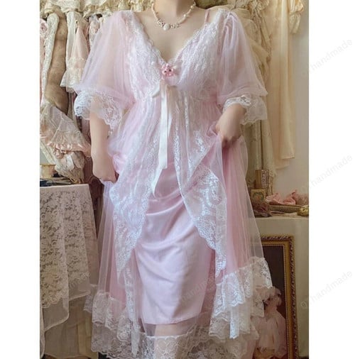 Women Pink Lace Sexy Sweet Elegant Strap Dress, Kawaii Lace Flower Chiffon Fairy Long Dress, Gift For Her, Autumn Clothing
