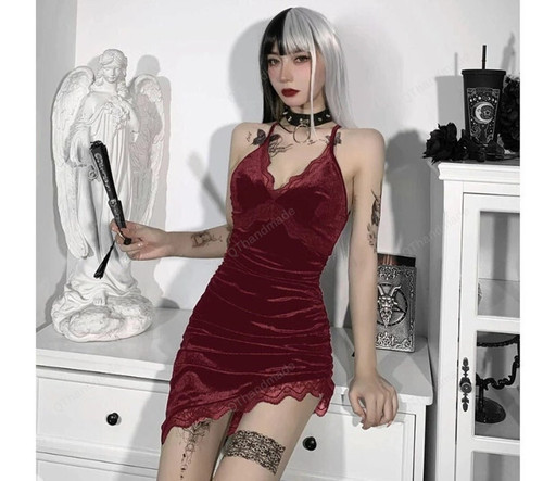Sexy Wine Red Spaghetti Strap Lace Bodycon Dress, Women High Waist Lace Mini Dress, Gothic Lace Velvet Bodycon Dress, Gift For Her