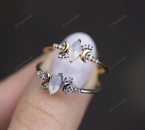 White Opal Sailor Moon Rhinestone Crystal Crescent Finger Ring Moonstone/Boho ring/Celestial Ring/Valentine gift/Gift for him/Gift for her
