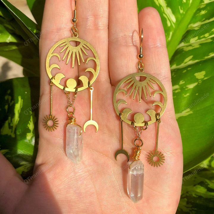 Clear Quartz Lunar Phase moon earrings /Celestial Metaphysical Jewelry/Waterfall Boho Witchy statement earrings/Boho Bohemian Drops Jewelry
