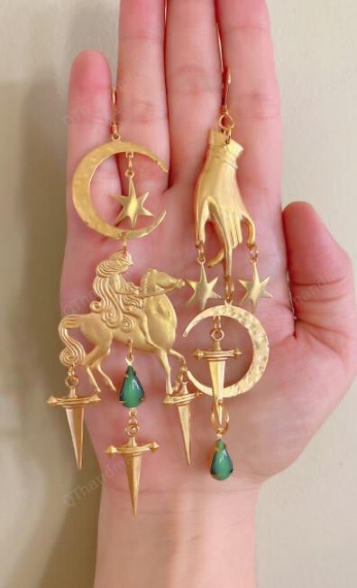The Golden Asymmetrical Warrior Lady Earrings,Goth Earrings,Gothic Gifts for Her/Celestial Metaphysical Jewelry/Waterfall Boho Witchy statement earrings/Boho Hippie BohemianDrops Jewelry