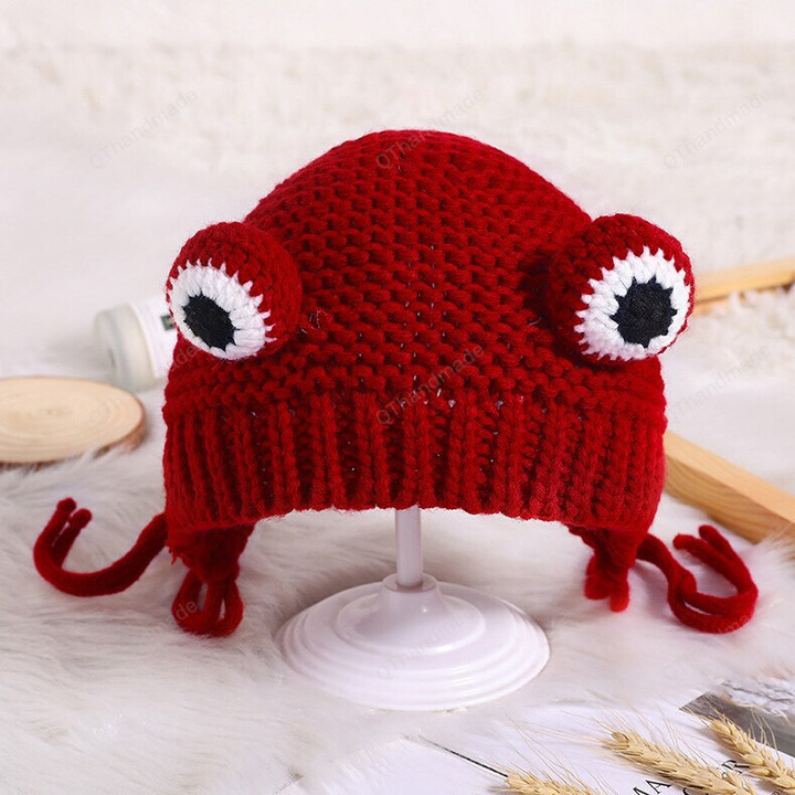 For 1-3 Years Old Kid/Winter frog hat for kid beanie/Handmade Beanie knit/Child hats warm kids girls Solid Earflap/Knitted Cap Costume