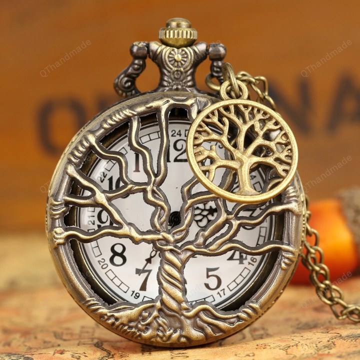 Hollow Life Tree Quartz Pocket Watch Immortal Necklace Chain Bronze Design Pendant Clock Old Vintage Fob Tree Accessory/Bronze Necklace Pendant Handmade Clock/boyfriend gift ideas/Valentine gifts