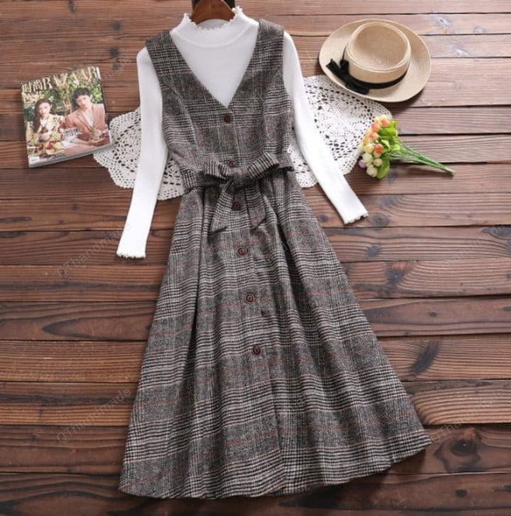 Dark Academia Clothing/England Winter Women Woolen V Neck Vintage Plaid Sashes Long Sleeveless Shirt Dress Elegant Mori Girl Wool Dress