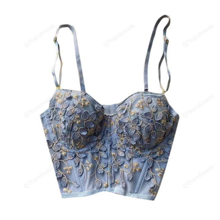 New Fashion Embroidered 3D Petal Bustier Bra Cropped Tops/Female Thin Underwear/Vintage Y2K Corset Tops/Floral Underbust Corset Women Sweet Sexy Sleeveless Plastic Boning Bustier Casual