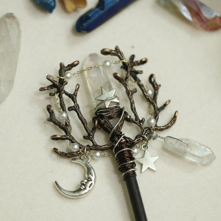 Handmade Crafts Vintage Wicca Moon Stars Crystal Hairpin Witch Branch White Quartz Hair Stick Special Bridal Wedding Gift/Hair accessories