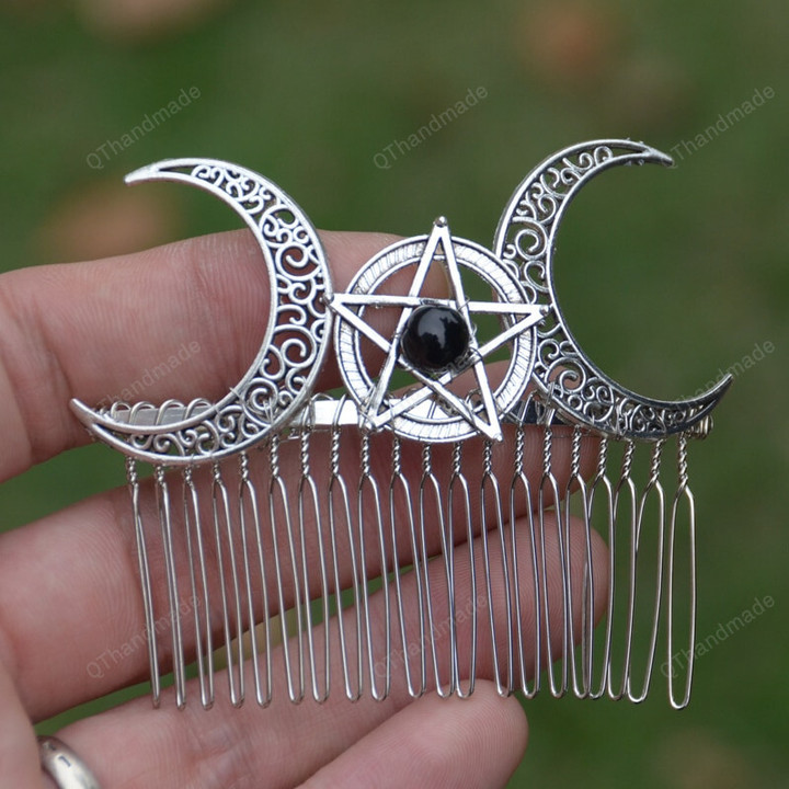 Moon Phase Wiccan Moon Pentagram Hairpin/Crescent Moon Comb Witch Tiaras Pagan Hair Jewelry Wedding Hair Accessories/Hair accessories