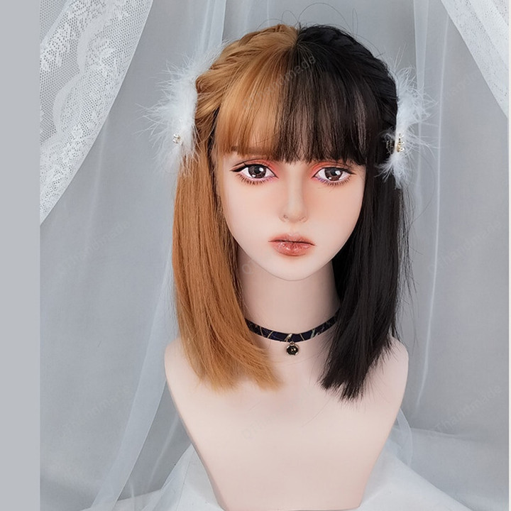 Black Orange Synthetic Hair for Women Stitching Wig with Bangs/Short Straight Natural/Costume spring clothing/Synthetic Hair/Net Wigs