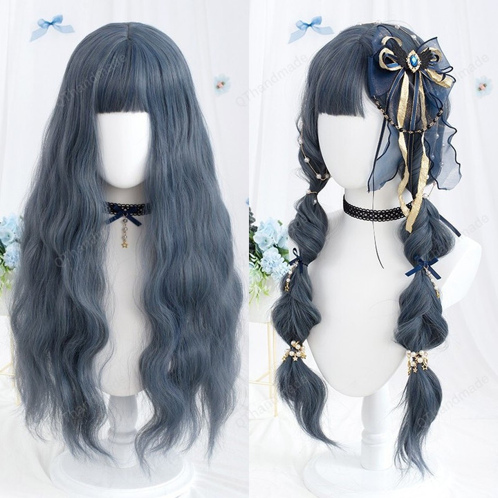 Long Curly Synthetic Gray Purple Natural Black Wavy Vine Wig with Bangs for Women/Lolita Costume spring clothing/Hair accessories/Anime Wig/Cosplay Accessories/Cosplay Wig