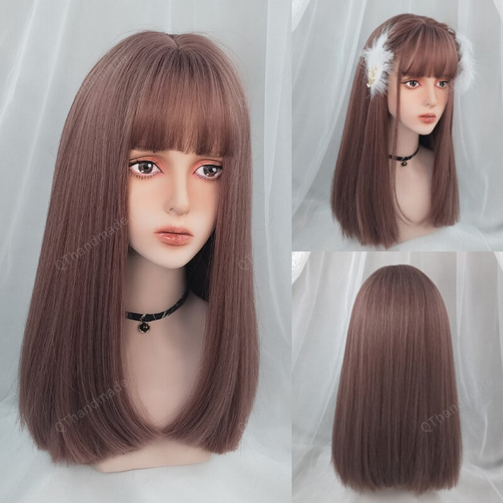 24" Synthetic High Temperature Fiber Long Straight Wigs/Purple Gray Green Cosplay With Bangs Natural Hairpieces/Costume spring clothing