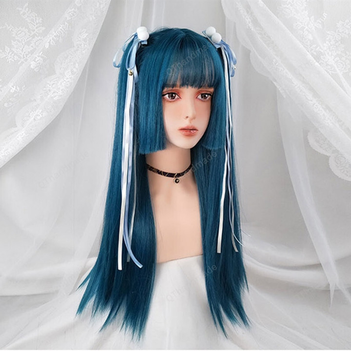 Wig for Women Synthetic Hair Dark Blue Long Straight Wig with Bangs for Women/Heat-resistant Lolita Costume spring clothing/Hair accessories
