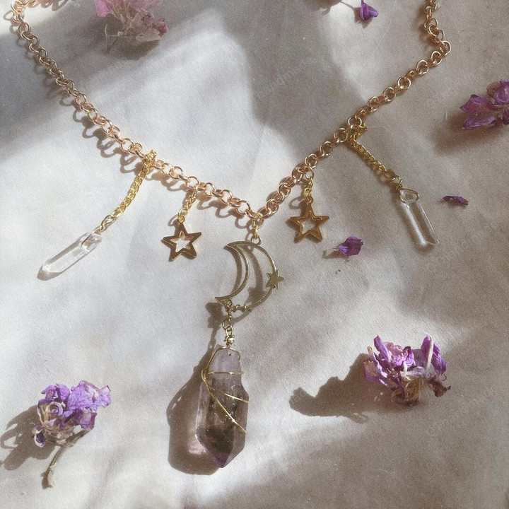 Aura quartz The Faerie Chocker Necklace/Beautiful Amethyst Necklace/Crescent moon jewelry Earrings/Moon Wanderlust Jewelry/Gift for mom