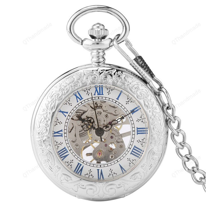 Fashion Blue Skeleton Exquisite Pendant Men Hand-winding Silver Mechanical Pocket Watch Premium Alloy Jewelry Wrist Chain Watch