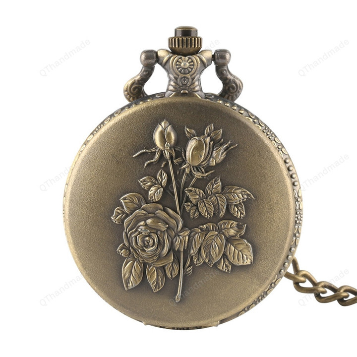 Elegance Rose Flowers Design Full Hunter Bronze Quartz Pocket Watch Steampunk Pocket Chain Retro Pocket Pendant Clock Men Women