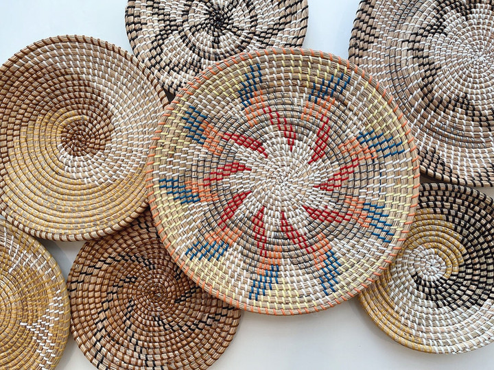 Set of 7 Premium Boho Wall Decor, Boho Wall Art,Wicker Wall Tray,Africa Baskets,Handwoven Rattan and Seagrass Baskets and Trivets